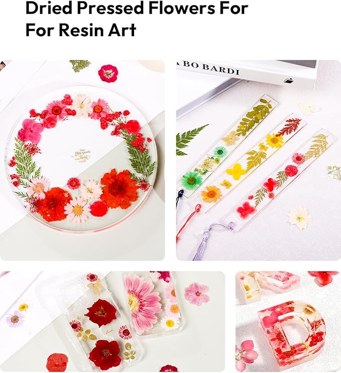 Dried Flowers, Resiners 58Pcs Pressed Flowers for Craft Red Real Natural Dried Flowers Dry Leaves Kit for DIY Making Crafts Resin Soap Candle Scrapbook Supplies Card Making Jewelry