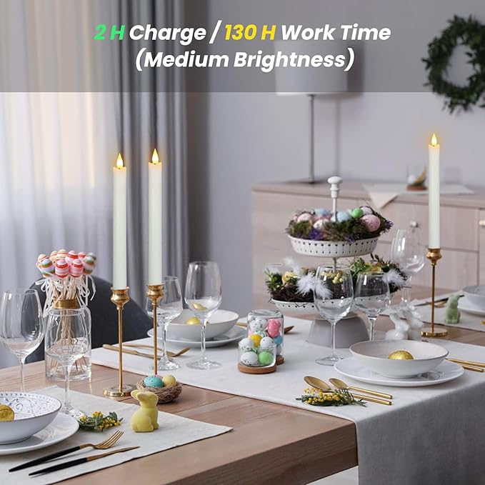 PChero Rechargeable Taper Candles with Remote Timer, 9.8 Inches Real Wax Flameless LED Tapered Candles USB Chargeable for Fireplace Xmas Holiday Home Decor, 2 H Charge/130 H Work Time