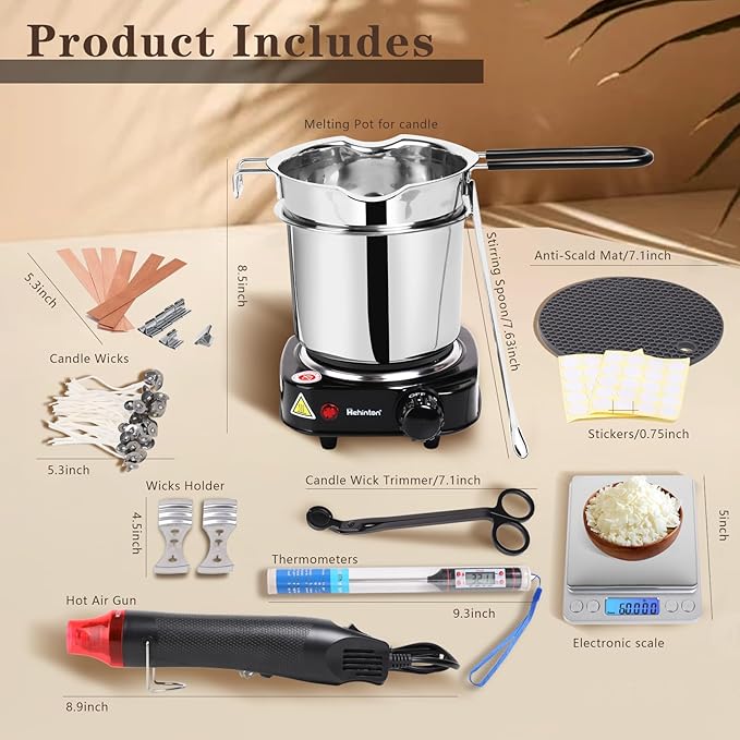 Hehinton Double Boiler Wax Melter Pot, Professional Water Heating Warming Pots for Candle Making, Candle Making Kit for Beginners, DIY Kit with Electronic Scale, Heat Gun, Thermometer, Candle Trimmer