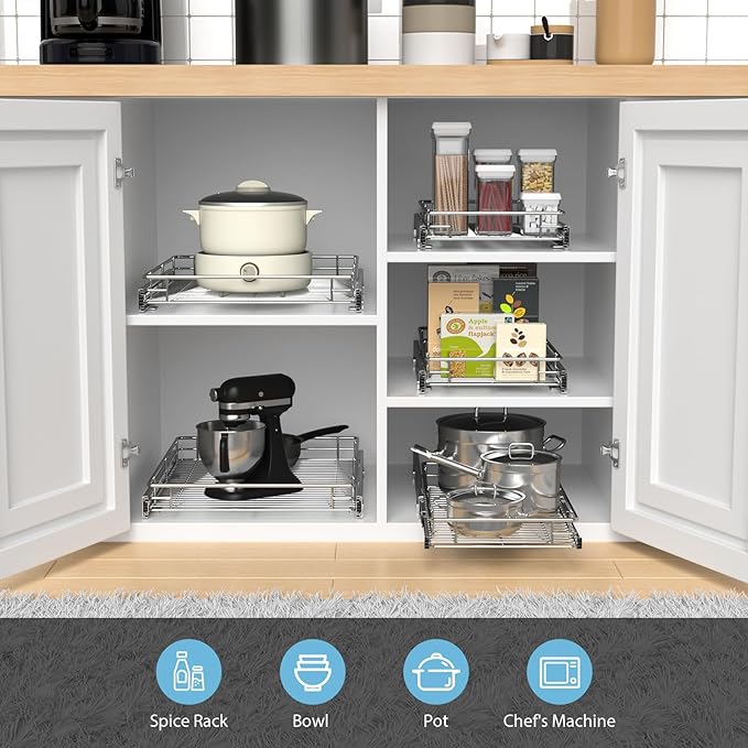ZOINLIY Pull Out Cabinet Organizer, Versatile Slide Out Kitchen Organizers and Storage,Heavy Duty Drawer Cupboard Storage Basket, Smooth Sliding, Chrome Finish,11.8" W x 21" D