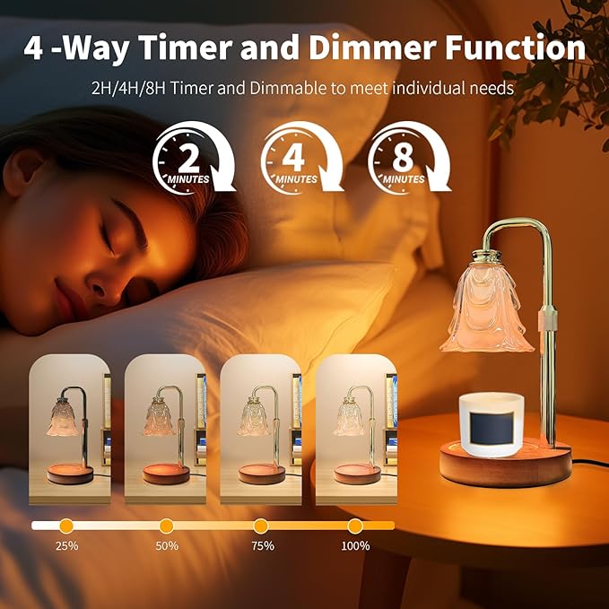 Candle Warmer Lamp with Timer & Dimmer, Adjustable Height Flower Candle Warmer for Jar Candles, Flameless Wax Melter with 2 Bulbs, Home Decor, Christmas, Birthday, Valentine's Gift for Women (A2-Gold)