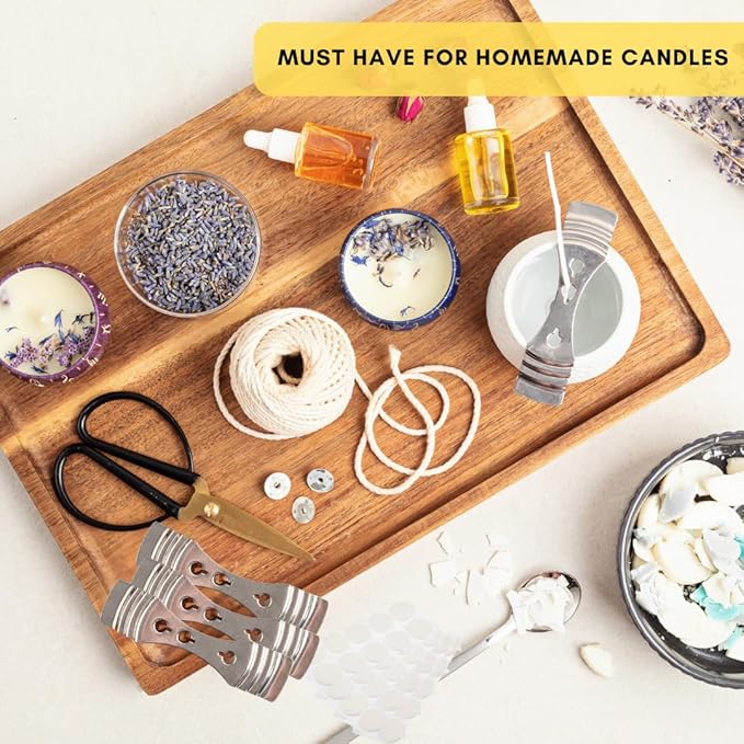 Candle Wick Bundle: 50 Candle Wicks, 50 Stickers and 3 Wick Holders - Easy Positioning - Wicks Coated With Natural Soy Wax, Cotton Threads Woven with Paper - Contains No Lead, Zinc or Other Metals