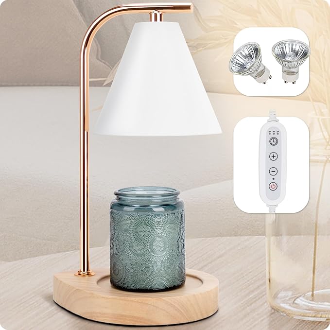 Aimoptg Candle Warmer Lamp with Retro Wooden Base - Home Decor Wax Melt for Small and Large Jar Candles, Candle Heater Lamp with 2 Bulbs, Dimmer and Timer Function-White