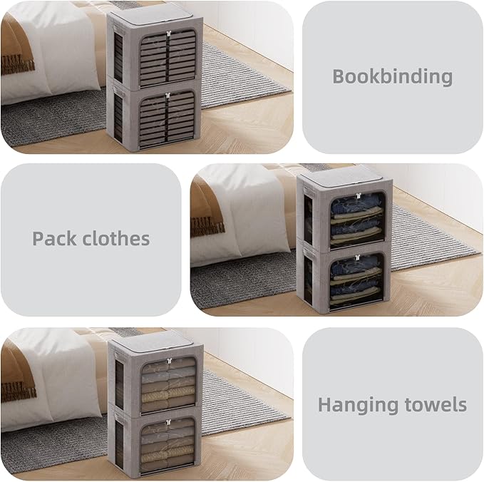 FHSQX 2 Pack Clear Window Storage Bins - Large Stackable Linen Fabric Storage for Clothes Foldable Container Organizer Set with Carrying Handles (Light Gray, 16.5x 12.2x 12.2Inch)