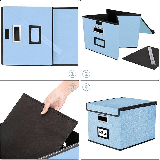 Huolewa File Organizer Box with Lid, Collapsible File Folder Organizer for Office Document Storage, Filing Box with Plastic Slide for Letter Size Hanging File Folders(1 Pack, Powderblue)