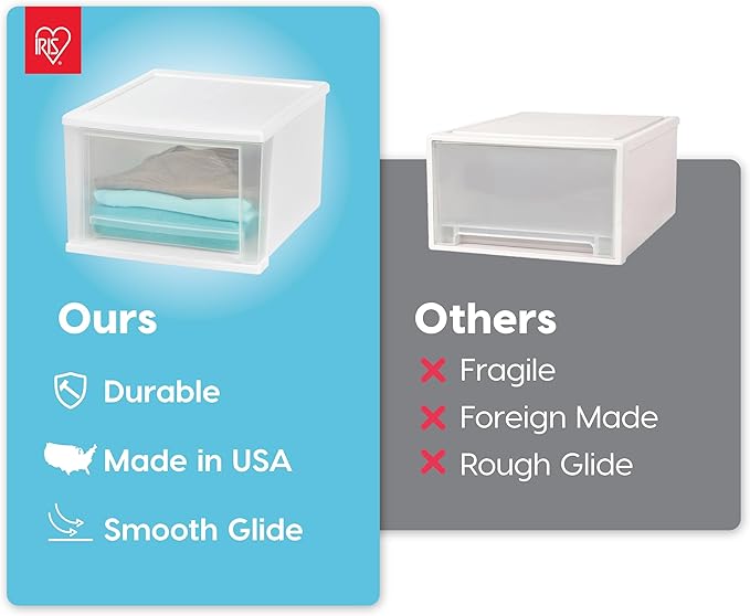 IRIS USA 17 Qt. Medium Plastic Stacking Drawer, Stackable Storage Organizer Unit with Sliding Drawer for Bedroom Kitchen Under Sink Pantry Craft Room Dorm Office, White, 4-Pack