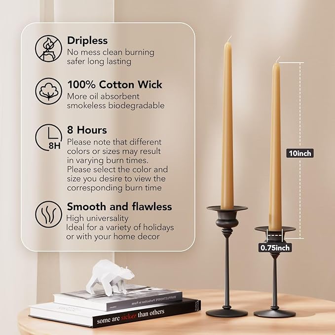 10-Inch Tall Dripless Taper Candles Set of 4 - Beige Tapered Candles, Perfect for Christmas - Smokeless, Unscented, Long Burning - Hand Poured, Colored Tall Candlesticks - Beige