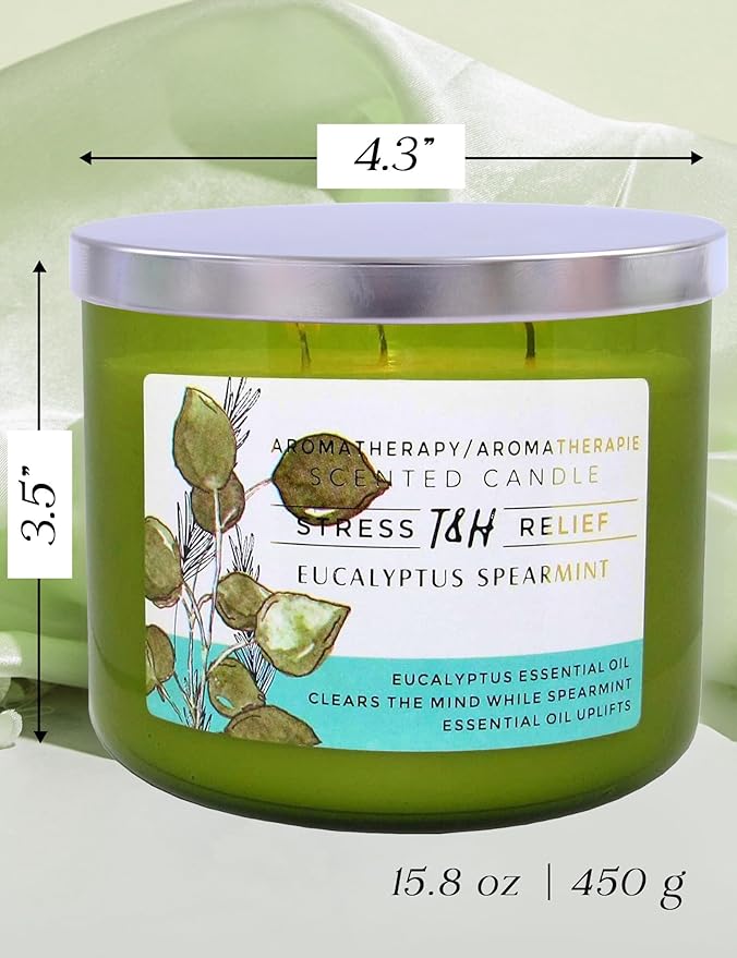 Eucalyptus Spearmint 3-Wick Soy Candle | 80 Hour Burn | 15.8 oz Aromatherapy Scented Candle for Home | Fresh Herbal Spa Scent | Gift Ready