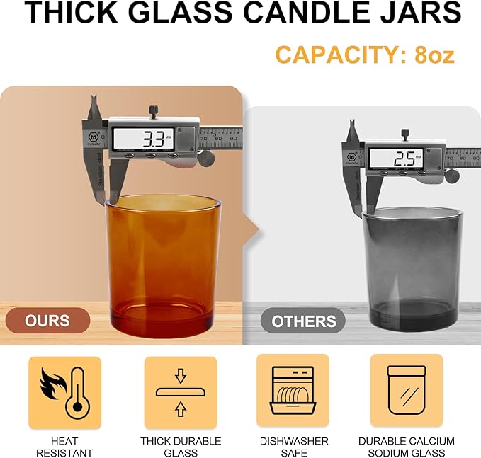 SHOWIN 8 OZ Thick Candle Jars for Making Candles 15 Pcs, Brown Empty Jars with Wood Lids for Candle Making, Sample Container,Clear Brown