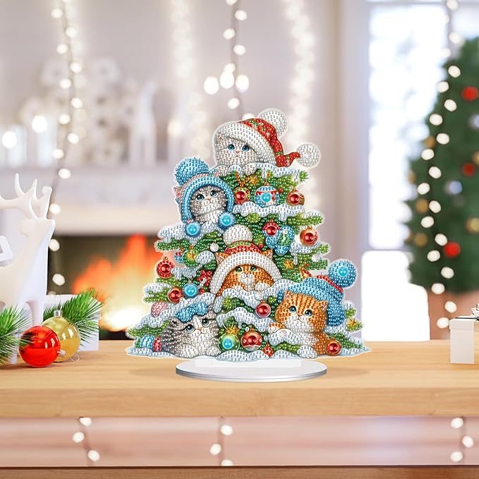 5D Diamond Art Painting Ornament Kits Christmas Tree Cats, DIY Diamond Art Painting Desktop Ornament, Special Shaped Crystal Rhinestone Diamond Art Table Top Home Office Christmas Decor (23.2x24.7cm)