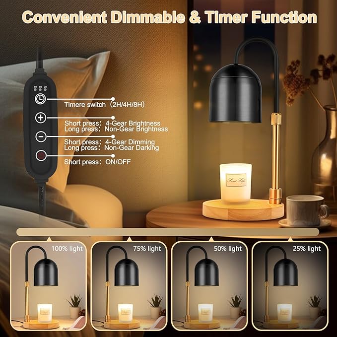 Candle Warmer Lamp with Timer & 3 Bulbs, Dimmable Electric CandleLight Adjustable Height and Brightness Candle Wax Warmer for Jar Candles Bedroom Home Decor House Warming Gift for Women (Round Black)