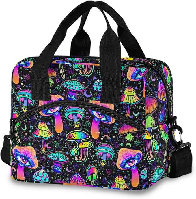 CBBYY Mushroom Lunch Bags for Women Men, Reusable Insulated Lunch Box, Adjustable Shoulder Straps Tote Lunch Bag for Work Picnic School