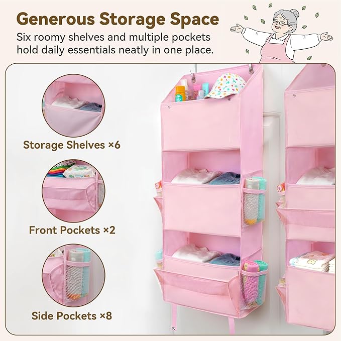 GRANNY SAYS Over The Door Organizer, 6-Shelf Detachable Behind the Door Storage with 8 Pockets, Waterproof Anti Tilt 40lb Large Capacity Hanging Shelf for Nursery, Bedroom, Kids Room, Pink