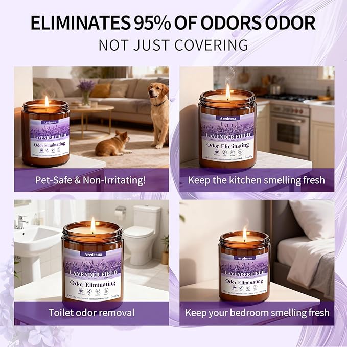 Lavender Odor Eliminating Candles | Eliminates 95% of Pet, Smoke & Bathroom Odors – 7oz Hand Poured Soy Candle - Aromatherapy Stress Relief Scented Candles - Relaxing Gifts for Calm & Fresh Homes