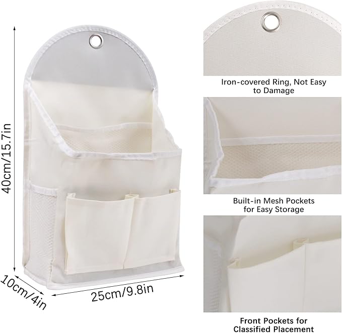 2 Pack Wall Hanging Storage Bag with Pocket, Fabric Organizer Basket with Sticky Hook, Over the Door Caddy Organizer Box for Closet Dormitory Bedroom Bathroom Kitchen (Beige)