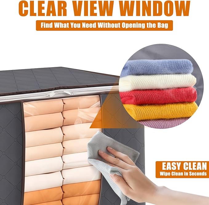 90L Large Foldable Storage Bags with Lids, 6 Pack - Closet Qrganizers and Storage Containers for Clothes, Blankets, Bedding | Reinforced Handles, Home Storage Bins, Gray