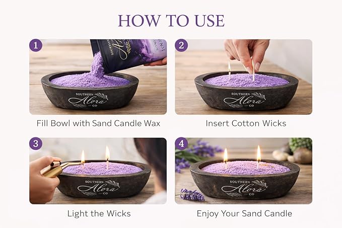 Sand Candle Wax 1 LB – Southern Alora Scented Candle Sand with 10 Cotton Wicks, Refillable & Reusable for Candle Making, Spill-Safe for Bowls & Centerpieces (Serene Lavender Kit with Wood Bowl)