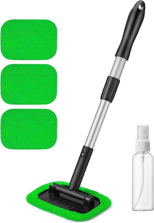 AstroAI Windshield Cleaner Tool, Microfiber Car Window Cleaner with 4 Reusable and Washable Microfiber Pads and Extendable Handle Auto Inside Glass Wiper Kit, Green