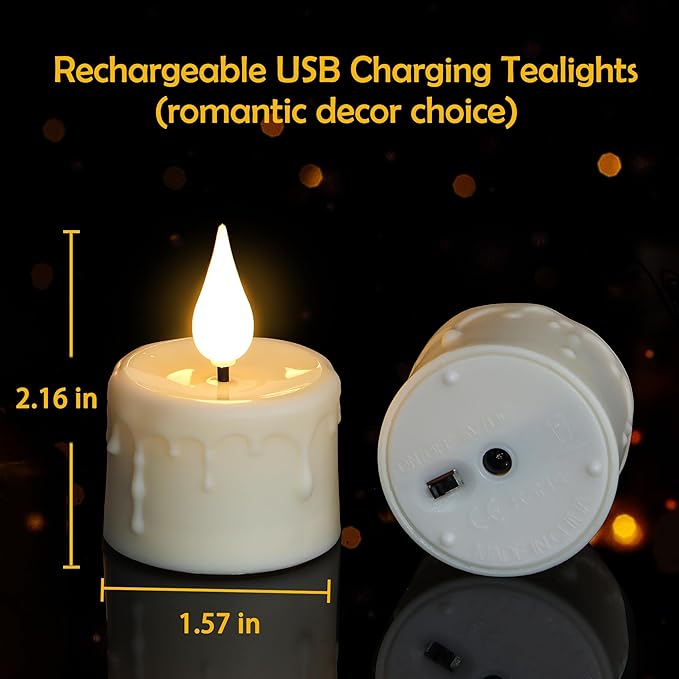 12pcs Rechargeable LED Tea Lights with Charging Base and USB Cable, Flameless Votive Candles Electric Flickering with Remote and Timer, Warm White Light