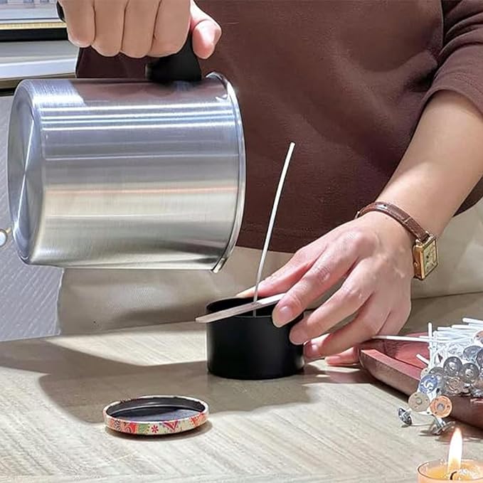 1.2L Candle Making Pouring Pot Wax Pitcher Wax Pouring Pot Candle Making Pitcher with Heat-Resistant Handle and Dripless Pouring Spout Design with Candle Jars, Wicks, Stickers and Wicks Holders