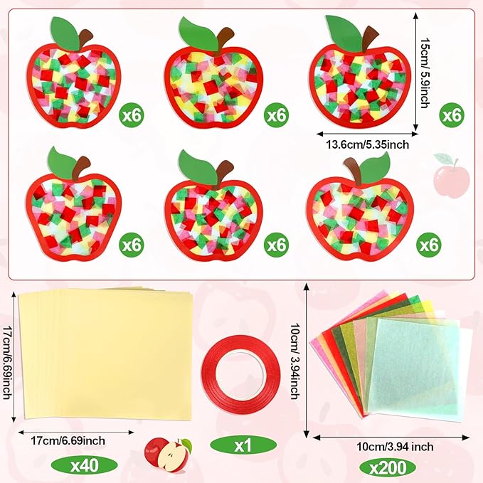 Qyeahkj 36 Set Fall Apple Suncatchers Crafts for DIY Autumn Apple Window Tissue Paper Craft Kit Hanging Decor for Back to Home Activity Art Project Birthday Party Favor Gift