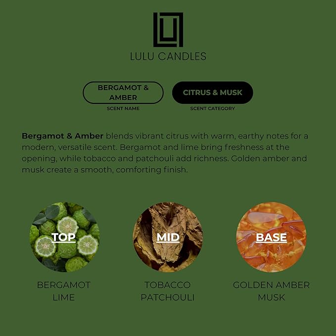 Lulu Candles | Bergamot & Amber | Smells Like Citrus & Musk | Luxury Scented Soy Jar Candle | Hand Poured in The USA | Highly Scented Long Lasting (9 Oz.)