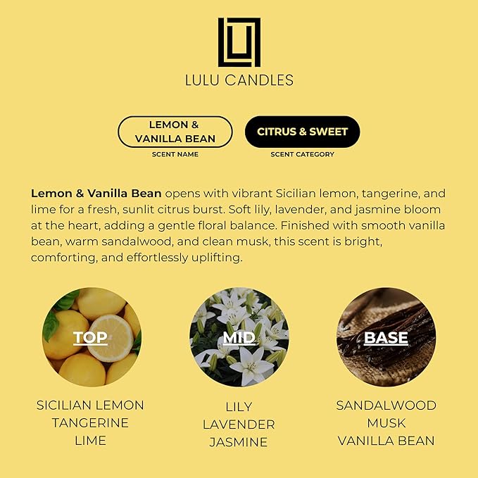 Lulu Candles | Lemon & Vanilla Bean | Luxury Scented Soy Jar Candle | Hand Poured in The USA | Highly Scented & Long Lasting (9 Oz.)