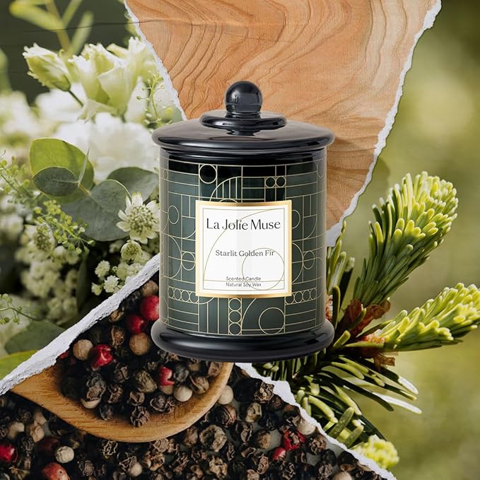LA JOLIE MUSE Starlit Golden Fir Scented Candle, Pine, Cedarwood & Fir Balsam, 75-Hour Long Burn, Natural Soy Wax, Decorative Glass Jar Candle with Gift Box