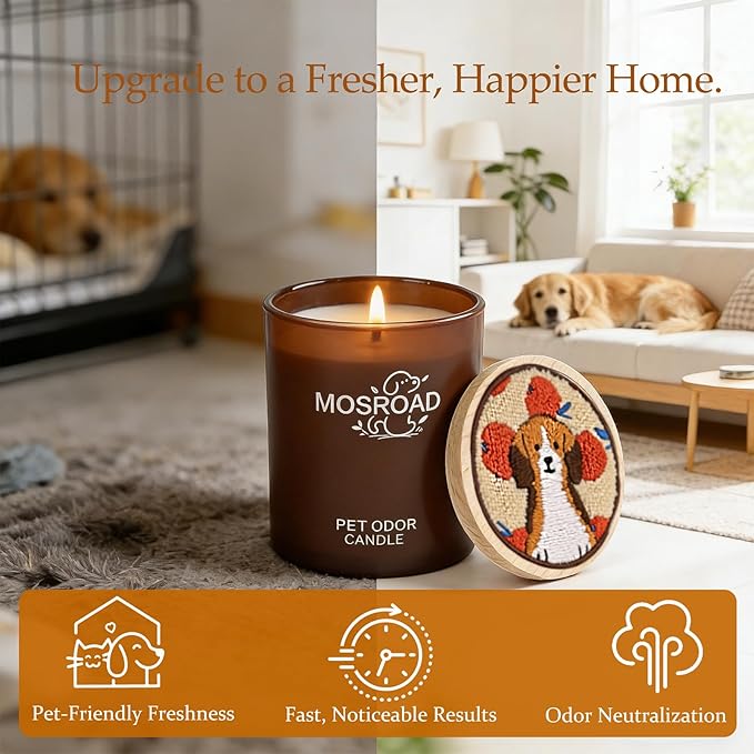 Pet Odor Eliminator Candle – Fresh Citrus, 60-Hour Long Burn Time, Plant Based Pet Safe Soy Wax Candles for Home Scented, Cat & Dog Friendly Odor Eliminating Candle Gift