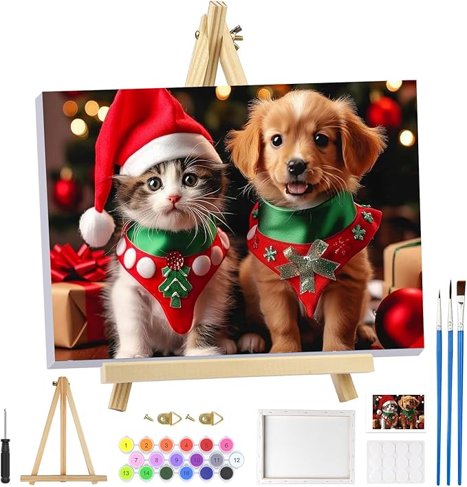 MOGTAA Christmas Paint by Numbers Kit for Adults Beginners with Frame, Cat and Dog Adult Paint by Number Kits on Canvas with Easel, Easy DIY Animal Oil Painting Kits for Home Decor, 8x12in