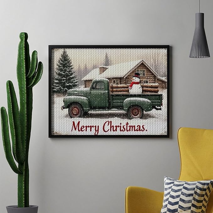 AIVKIEJK Diamond Painting Kits for Adults - Christmas Truck with Snowman & Cabin Winter Painting DIY 5D Full Drill Diamond Dots Paintings with Diamonds Gem Art and Crafts Home Decor 12"x16"