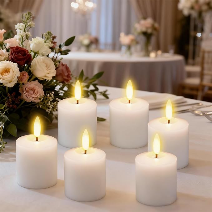 GenSwin Rechargeable Votive Candles Battery Operated with Charging Base, 6 Pack LED Flameless Battery Votive Candles with Remote Timer(White, Real Wax, 2 x 3.2 Inch)