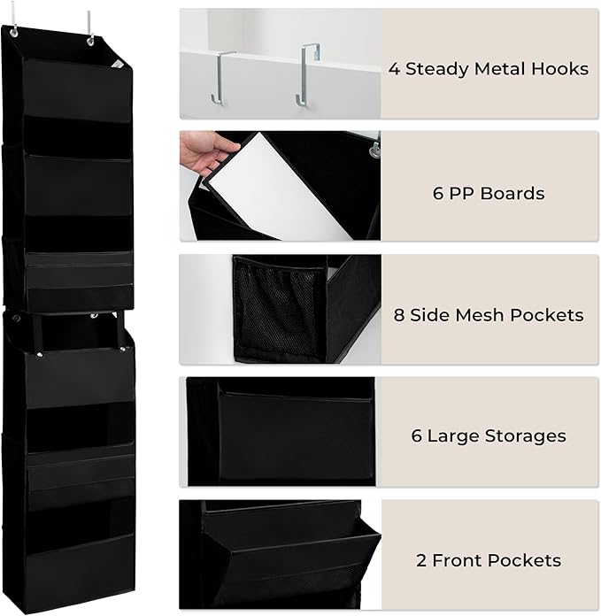 GRANNY SAYS Back of Door Organizer, 6-Shelf Detachable Over the Door Baby Organizer with 8 Pockets, Anti Tilt 40lb Large Capacity Hanging Diaper Storage for Nursery, Bedroom, Kids Room, Black