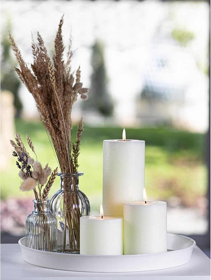 CANDWAX Assorted Pillar Candles Set of 3 – Sizes 3", 4", 8" Unscented Dripless Large Candles, Rustic Style Long Burning for Weddings, Home Decor – Ivory