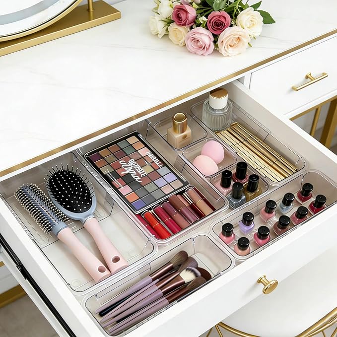14 PCS Adjustable Clear Drawer Organizer Set - 3-Size Acrylic Storage Boxes for Makeup, Stationery, Kitchen Utensils, Tools & Bedroom Dresser Organization