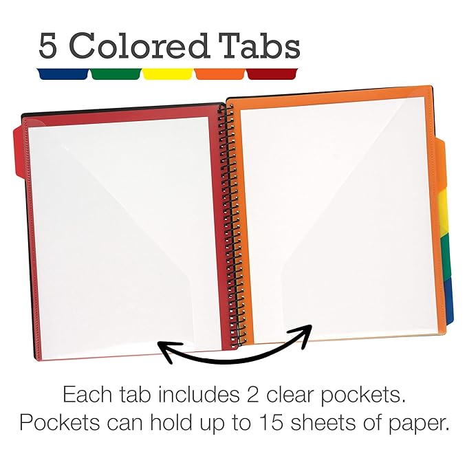 Samsill Spiral Folder Organizer - 5 Dividers & 10 Pockets with Zipper Pouch, Multi Pocket Color Cordinated Folder Binder with Customizable Tabs, Document Organizer (Basic)