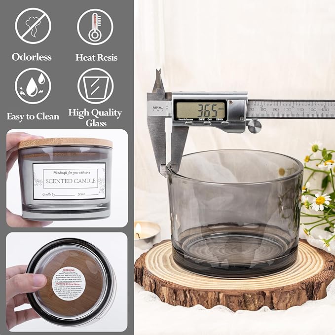 CONNOO 6-Pack 16 oz Candle Jars - 3-Wick Gray Empty Wide Mouth Glass Candle Jars Come with Bamboo Lids, Sticky Warning Labels, and a Candle Wick Kit for Candle Making - Dishwasher Safe