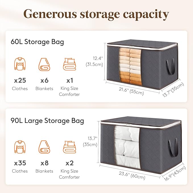 Lifewit 8 Pack 90L Clothes Storage Bins with Lids, Foldable Blanket Storage Bags with Zippers, Clear Window and Reinforced Handles, Closet and Organization for Clothing, Sweater, Comforter, Bedding