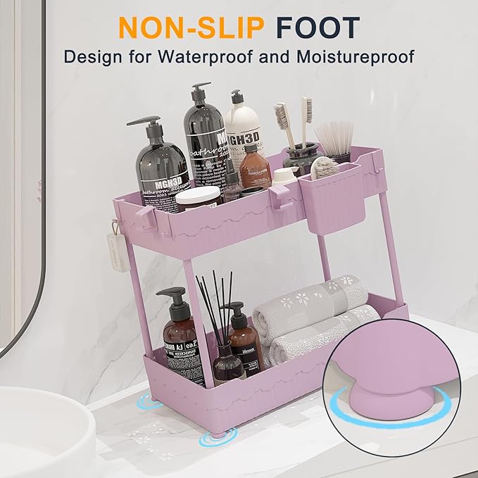 2 Pack Under Sink Organizer, Under Bathroom Cabinet Organizer with Hooks Hanging Cup, Multi-Purpose Storage Shelf for Kitchen Bathroom (Pink, 12.8 Inch)