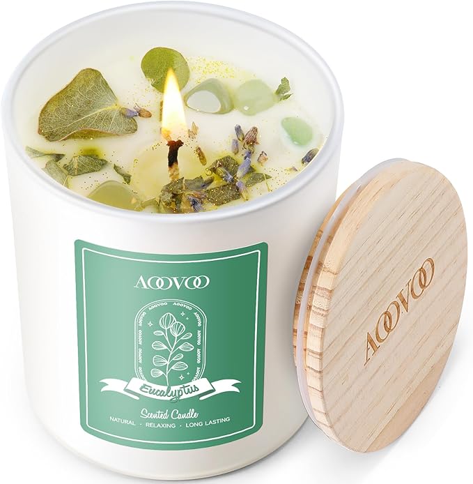 AOOVOO Eucalyptus Mint Scented Candles for Women - Aromatherapy Candle with Crystals Inside, 10oz Soy Candles for Home Scented, Birthday Gifts Valentines Day Candle for Women Mom