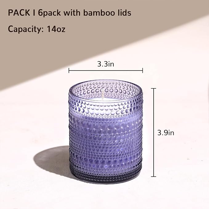 DEVI 14oz Purple Glass Candle Jars for Making Candles (6 Pack), Large Purple Glass Candle Jars with Bamboo Lids, Bulk Empty Candle Containers, Candle Tins Making Supplies, Lavender Office Decor