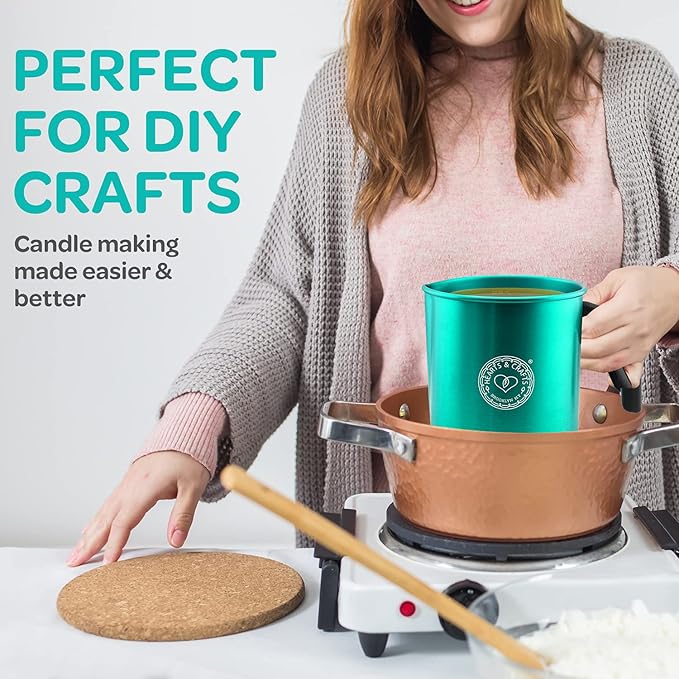 Hearts and Crafts 32oz Candle Pouring Pot - Wax Pourer for Candle Making - Aluminum Soap Melting Pot with Heat-Resistant Handle and No-Drip Spout - Holds 2 lbs Melted Wax for DIY Crafts - Teal