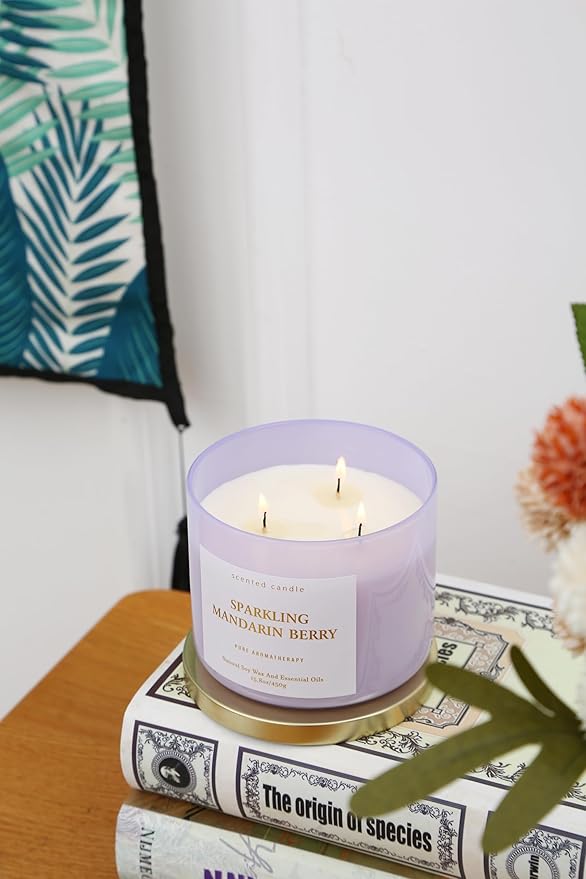 Large Sparkling Mandarin Berry Scented Candle for Home - 3 Wick Soy Candles 15.8oz, Fresh Citrus Aromatherapy Candle, Long Lasting Clean Burning, Uplifting Gift for Women & Men