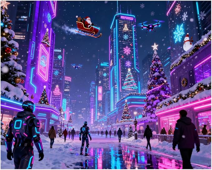 EnLvYY Cyberpunk Christmas Paint by Numbers for Adults, DIY Acrylic Painting Kit for Beginners, Futuristic City Neon Lights Winter Scene Wall Art, Gift for Teens and Adults,8X12IN Framed