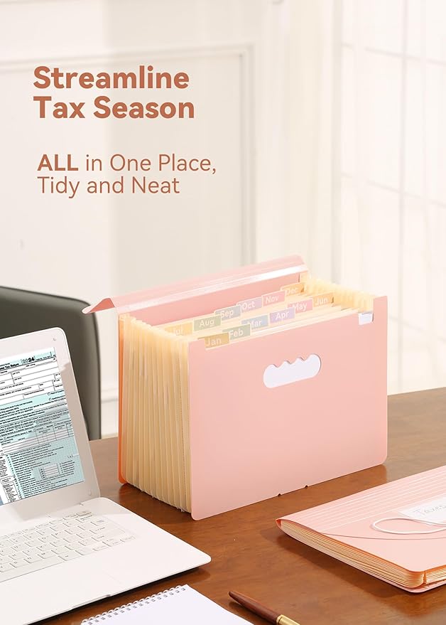 SortRax Accordion File Organizer 12 Pockets, Monthly Bill Receipt Tax Organizer, Expanding File Folders with Larger Bright Tabs, Fits Letter/A4 Size - Pink