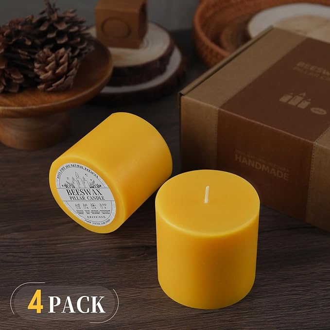 4 Pack Natural Beeswax Pillar Candles,100% Pure Beeswax Candle,200 Hours Long Burning Smokeless Organic Bees Wax for Home, Bee Pillar Candles Bulk for Relax, Emergency, Non-Toxic & Unscented