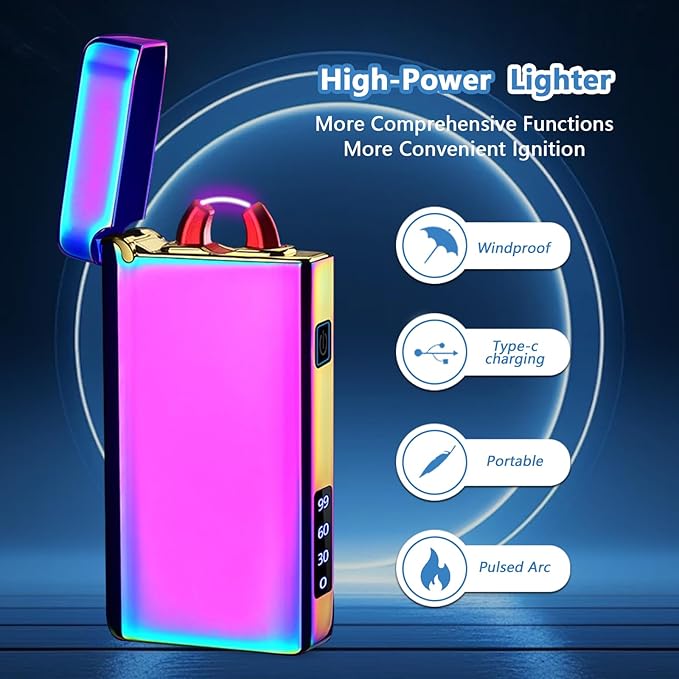 Electric Arc Lighter Rechargeable USB C Lighter Plasma Torch Windproof Big Lighters Unique Cool Lighters with Upgraded Secure Battery LED Flashlight for Camping, BBQ, Travelling (Ice Colorful)