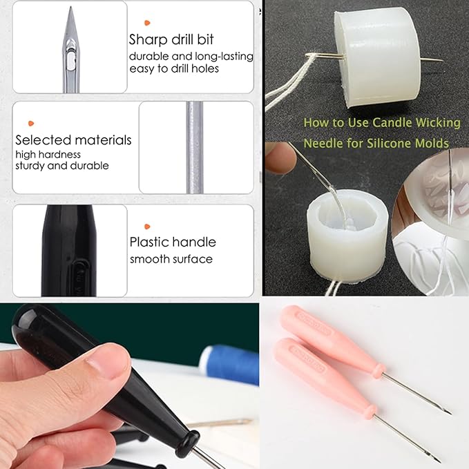 TYMKLMZG Mold Punch Needle with Hook & Eye,Candle Wick Inserting Tool for Molds Large-Eye Needle for Candle Silicone Molds,Candle Wick Roll 200 Ft 24 Wick Spool(2 Style),Threader,Candle Wick Holders