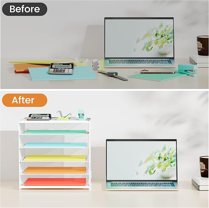 2 Pack 6 Tier Paper Organizer, Metal Mesh Desk File Folder, Letter Tray Organizer, Paper Sorter Desk Organizers for Office, Home or School File Folder Holder - White