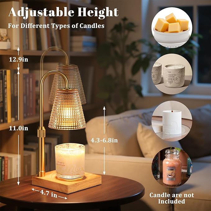 Hong-in Adjustable Height Candle Warmer Lamp with Timer Dimmer,Birthday Gifts for Women Mom,House Warming Gifts New Home Room Decor,Vintage Wax Warmer for Scented Wax Jar Candles(Amber)